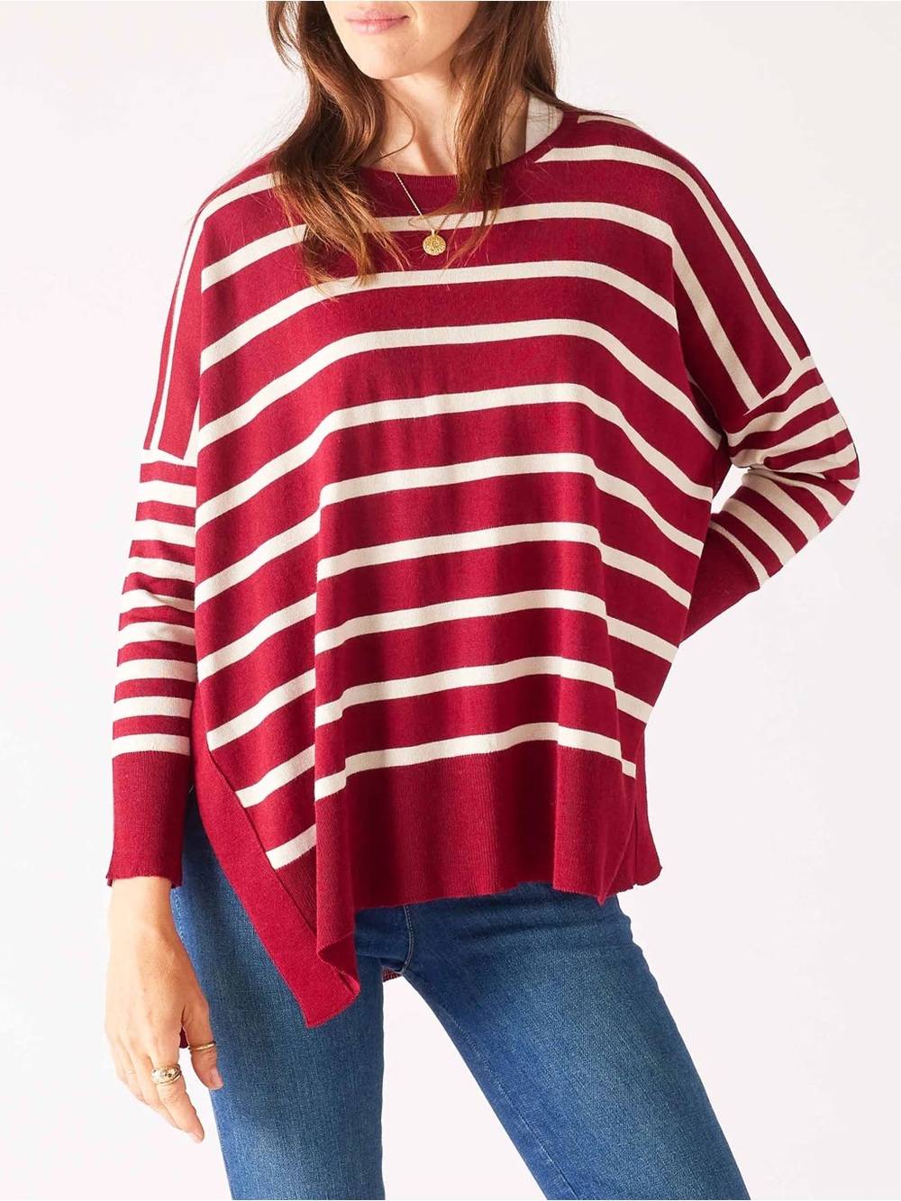 Mersea Red & Cream Striped Knit Sweater | Relaxed Fit Casual Chic Top Size OS